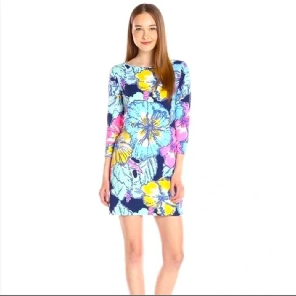 Lilly Pulitzer Marlowe Dress Navy Big Flirt Print Soft T-Shirt 3/4 Sleeve Sz XXS